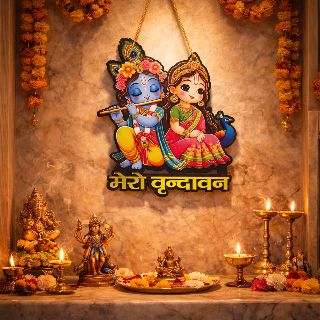 Decorative Animated Radha Krishna Wall Hanging with “Mero Vrindavan” Text | 28cm x 21cm Traditional Religious Art