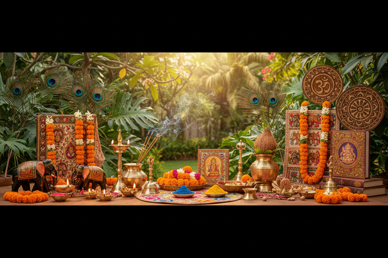 Generate the image banner with garden background with peacock feather and hight light puja items, handicraft items, books, maala, wall hanging, wall decor items,