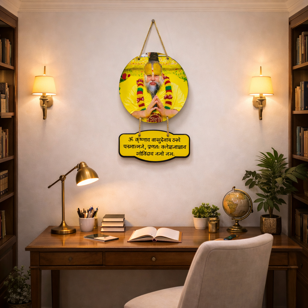 Premanand Ji Maharaj Spiritual Wall Hanging with Sanskrit Mantra "Krishnay Vashudevay" | Wall Decor Items for Positive Vibes