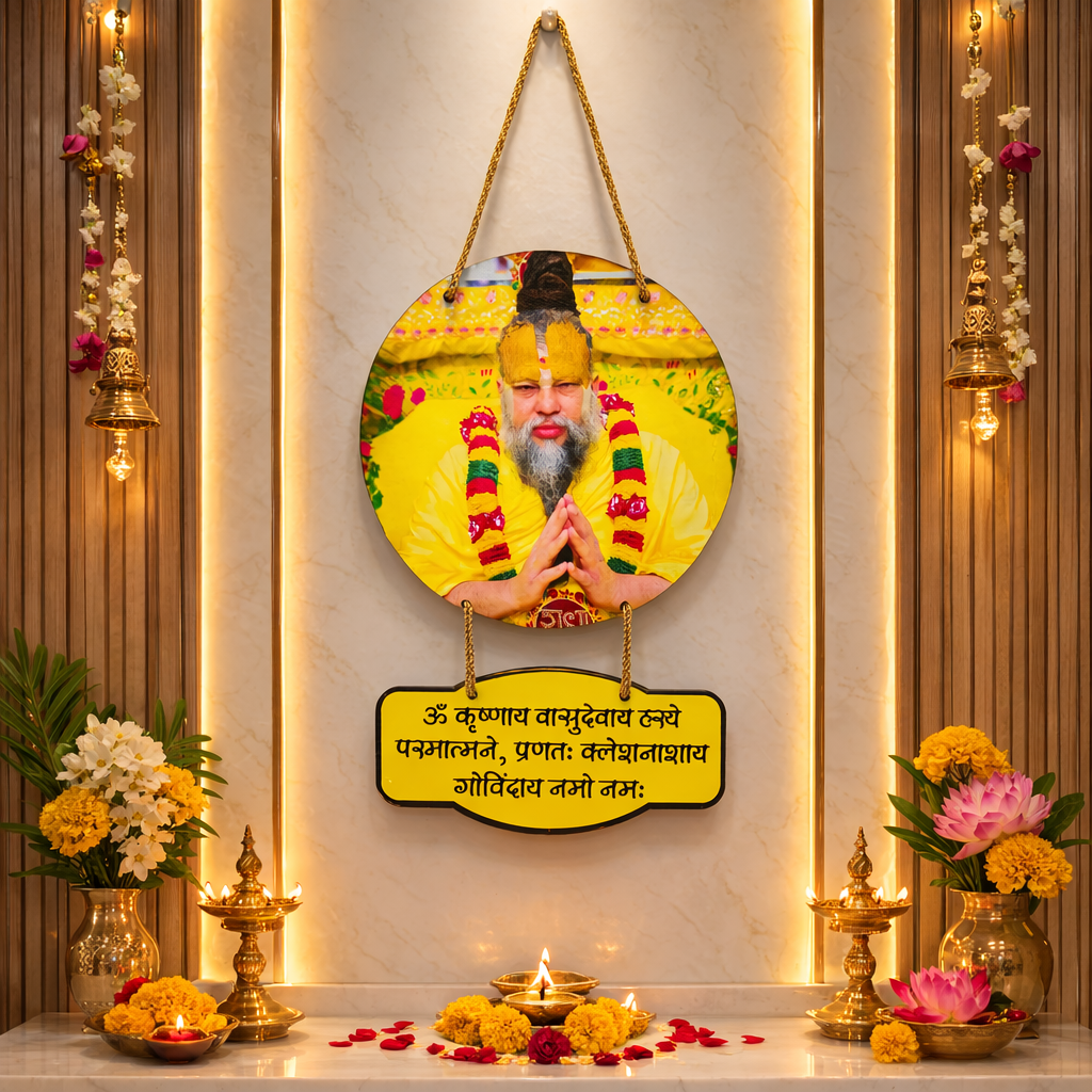 Premanand Ji Maharaj Spiritual Wall Hanging with Sanskrit Mantra "Krishnay Vashudevay" | Wall Decor Items for Positive Vibes